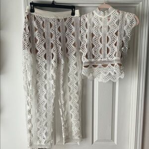 L'ATISTE White Lace Cropped Pants and Top Set